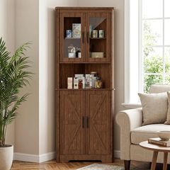 Tall Corner Storage Cabinet with Barn Doors, 5-Tier Farmhouse Corner Cabinet for Living Room, 2 Wooden Doors,2 Glass Door and 5 Shelves, Space Saving Freestanding Sideboard for Home, Kitchen,Brown