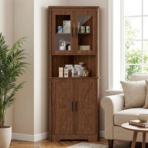 Tall Corner Storage Cabinet with Barn Doors, 5-Tier Farmhouse Corner Cabinet for Living Room, 2 Wooden Doors,2 Glass Door and 5 Shelves, Space Saving Freestanding Sideboard for Home, Kitchen,Brown