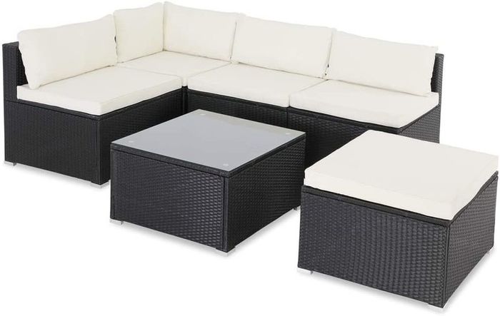 _Poly Rattan XL Lounge Set with Thick Cushions and Pillows Garden Lounge Garden Furniture Set, Black & Cream