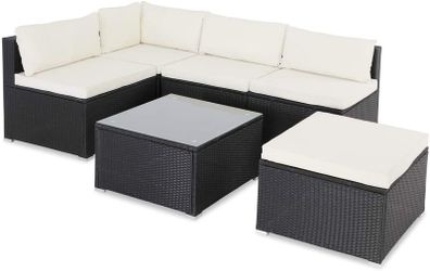 _Poly Rattan XL Lounge Set with Thick Cushions and Pillows Garden Lounge Garden Furniture Set, Black & Cream