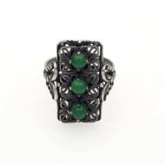 Vintage 900 Silver & Green Chalcedony Filigree Ring