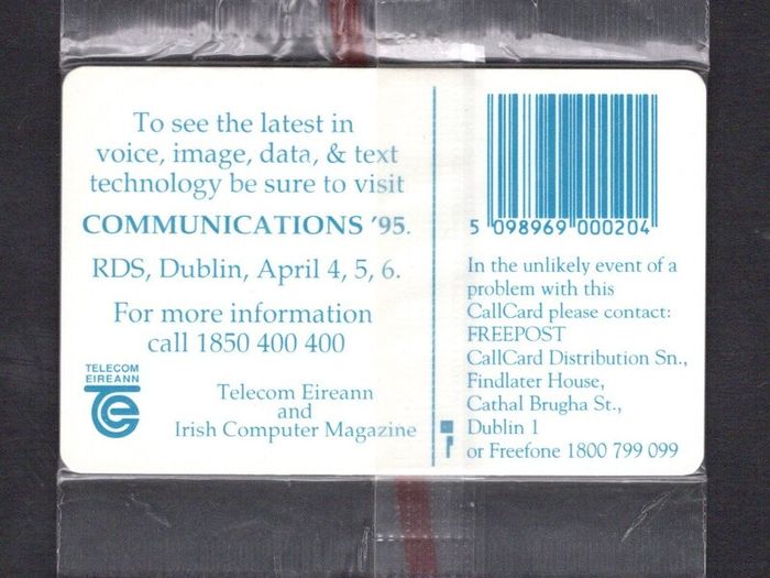 1995 Ireland 20 unit Communications 1995 expo at the RDS, Dublin (Schlumberger SC7) Call Card Mint in packaging