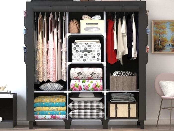 Portable Closet with 2 Hanging Rails & 8 Shelves, Bedroom Wardrobe with 18 Side Pockets, Foldable Garment Organiser (Black