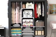 Portable Closet with 2 Hanging Rails &amp; 8 Shelves, Bedroom Wardrobe with 18 Side Pockets, Foldable Garment Organiser (Black