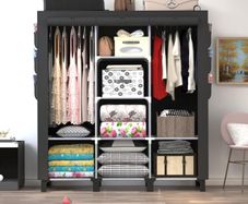 Portable Closet with 2 Hanging Rails & 8 Shelves, Bedroom Wardrobe with 18 Side Pockets, Foldable Garment Organiser (Black