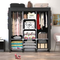 Portable Closet with 2 Hanging Rails & 8 Shelves, Bedroom Wardrobe with 18 Side Pockets, Foldable Garment Organiser (Black