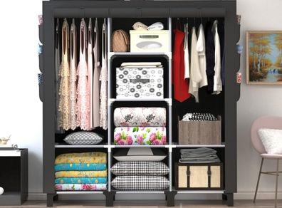 Portable Closet with 2 Hanging Rails & 8 Shelves, Bedroom Wardrobe with 18 Side Pockets, Foldable Garment Organiser (Black