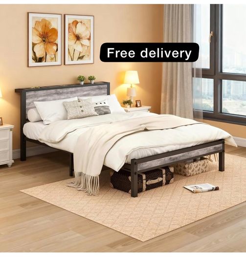 Double Bed Frame Storage Wooden Headboard Metal Platform Grey wood headboard storage shelf. Sturdy metal platform frame, no box spring needed. Quiet strong legs. for master bedroom