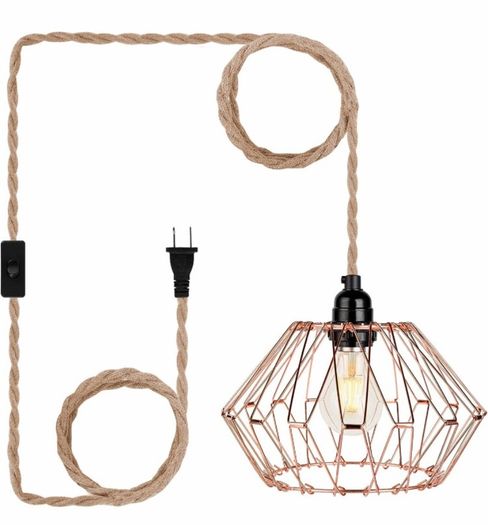 Plug in Pendant Light - Industrial Black 4.5m(15ft) Pendant Light Fitting, Hemp Rope Light Cord Metal Lampshade (MULTIPLE COLOURS AVAILABLE)