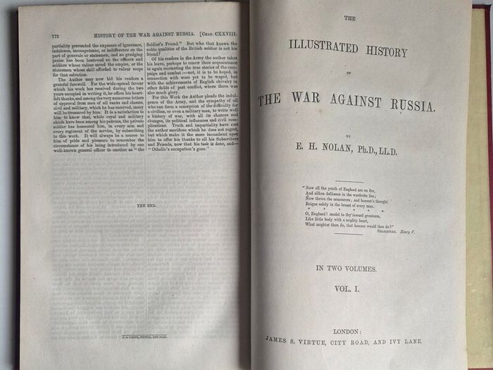 J.S. Virtue. History of the war against Russia. Illustrated. NOLAN, Edward H.Nineteenth century, Victorian, publishing, history, military, colonial, advertisement, prospectus, leaflet, broadside, insert, binding, crimson, cloth cases, gilt, subscribers.