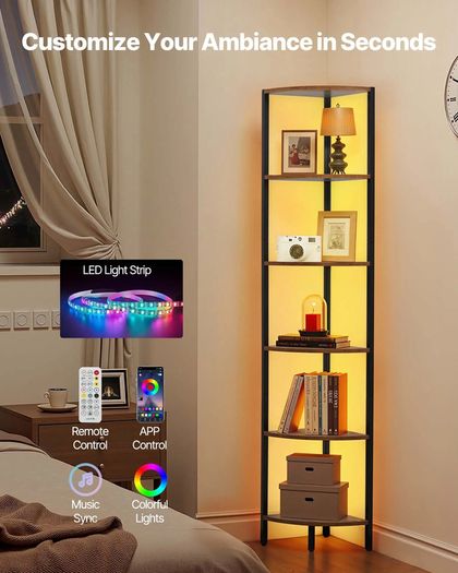 6 Tier Corner Shelf with LED Light Metal Frame Wooden Shelves Storage Organizer Rack