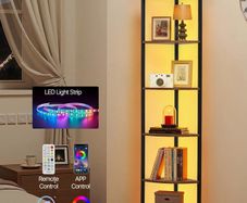 6 Tier Corner Shelf with LED Light Metal Frame Wooden Shelves Storage Organizer Rack