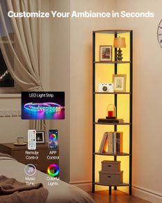 6 Tier Corner Shelf with LED Light Metal Frame Wooden Shelves Storage Organizer Rack
