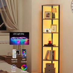 6 Tier Corner Shelf with LED Light Metal Frame Wooden Shelves Storage Organizer Rack