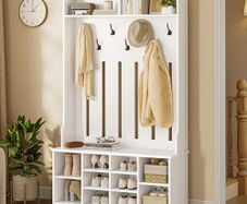 Coat Stand with Shoe Bench, Coat Set with 8 Double Hooks and Open Storage Space, Hallway Coat Rack Set