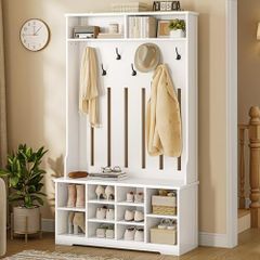 Coat Stand with Shoe Bench, Coat Set with 8 Double Hooks and Open Storage Space, Hallway Coat Rack Set