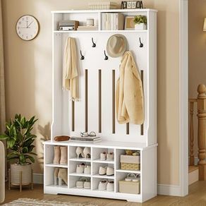 Coat Stand with Shoe Bench, Coat Set with 8 Double Hooks and Open Storage Space, Hallway Coat Rack Set
