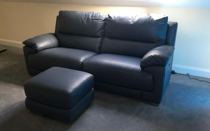 Blue Leather DFS Recliner Sofa & Footstool