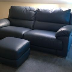Blue Leather DFS Recliner Sofa & Footstool