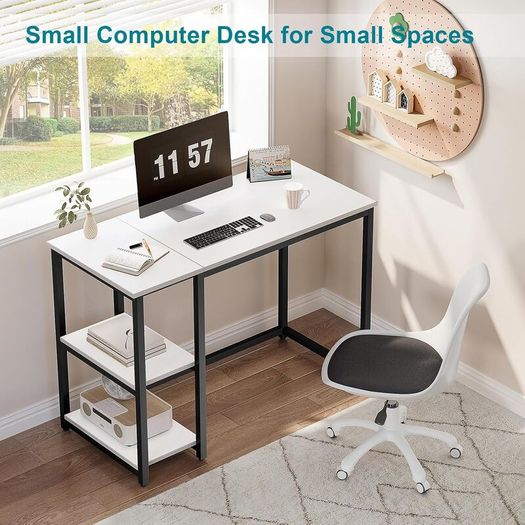 Computer Desk with 2-Tier Shelves 100cm Small Home Office Large Storage Space Sturdy Modern Gaming for Bedroom Study Writing Laptop Table White