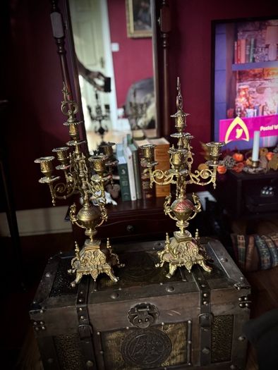 Large brass antique candelabra's pair