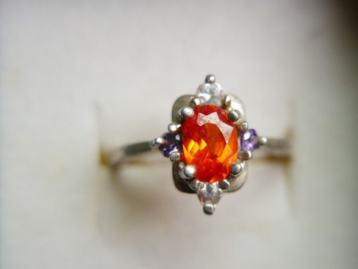 Vintage 925 Sterling Silver Ring with Central Orange Stone and Accent Stones