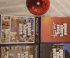 5 pristine GTA games total: PS1 original GTA (disc + map), and 4x PS2 (San Andreas CIB w/poster/booklet, Liberty City Stories CIB, Vice City CIB w/map, GTA III Platinum CIB)