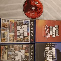 5 pristine GTA games total: PS1 original GTA (disc + map), and 4x PS2 (San Andreas CIB w/poster/booklet, Liberty City Stories CIB, Vice City CIB w/map, GTA III Platinum CIB)