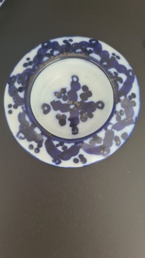 Teapot Blue White Hexagon Shape Brass Handle Floral