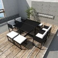 9 Piece Outdoor Dining Set with Cushions Poly Rattan Black