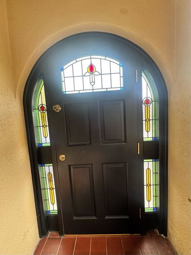 Bespoke Solid Timber Arched Front Door & Frame Hand Leaded Stained Glass