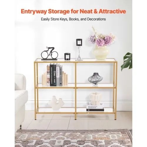 3-Tier Glass Console Table, Modern Rectangle Sofa Side Table with Tempered Glass Top and Iron Legs, Golden Consloe Desk with Anti-Tip Device for Living Room, Hallway, Entryway, Foyer, Golden