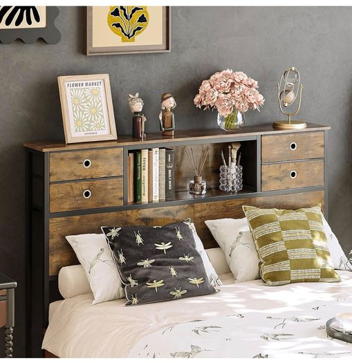 Double Bed Headboard with Storage, Freestanding Headboard with 4 Fabric Drawers & Shelves, Adjustable Bed Frame Connectors, Bedroom Storage Headboard