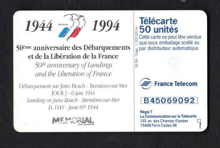 1994 France (France Telecom) 50 unit 50th Anniversary of Landings and the Liberation of France, Landing on Juno Beach - Bernieres D-Day June 6th 1994 (Gemplus - GEM1A (Symmetric Black) Phone Card