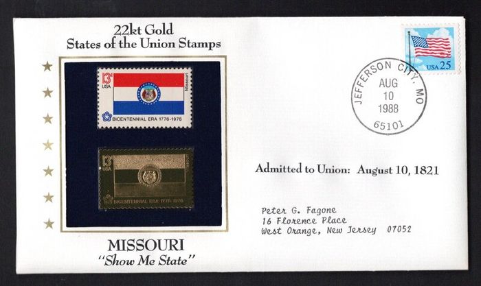 1988 USA Missouri "Show Me State" 22kt Gold Replica of the 1976 United States Flag Stamps showing 25c US flag definitive tied Jefferson City, Missouri (state capital) illustrated cover