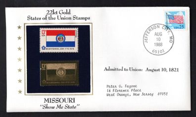 1988 USA Missouri "Show Me State" 22kt Gold Replica of the 1976 United States Flag Stamps showing 25c US flag definitive tied Jefferson City, Missouri (state capital) illustrated cover