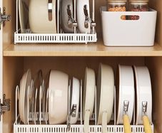 Expandable Pans Organiser Rack, Pan Lid Storage with 10 Adjustable Dividers, Pot Lid Holder, Kitchen Cupboard Organiser (White)
