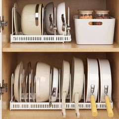 Expandable Pans Organiser Rack, Pan Lid Storage with 10 Adjustable Dividers, Pot Lid Holder, Kitchen Cupboard Organiser (White)