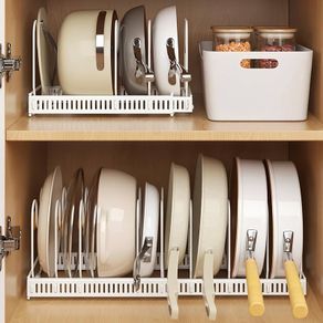 Expandable Pans Organiser Rack, Pan Lid Storage with 10 Adjustable Dividers, Pot Lid Holder, Kitchen Cupboard Organiser (White)