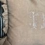 New bespoke 100% linen frill French monogram D cushion in blush with feather insert Image 7