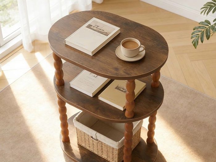 3-Tier Small End Table with Storage Shelf, Vintage Retro furniture Bedside Coffee oval Table Night Stand for Living Room, Bedroom, Office and Small Spaces oak Black (Rustic Walnut)