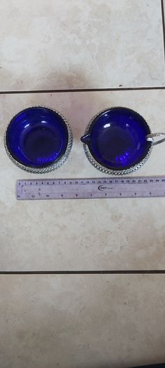 Vintage Queen Anne Cobalt Blue Glass & Chrome Plated Cream & Sugar Bowls Set of 2