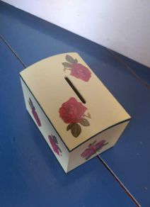 Wooden cream and red floral decoupage money box