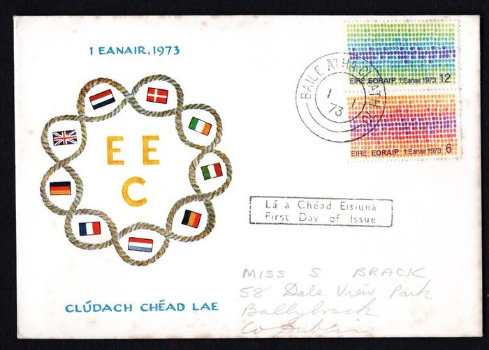1973 Ireland Entry into the European Economic Community (EEC) Commemorative Stamp Harp Cover Club Illustrated First Day Cover (FDC)