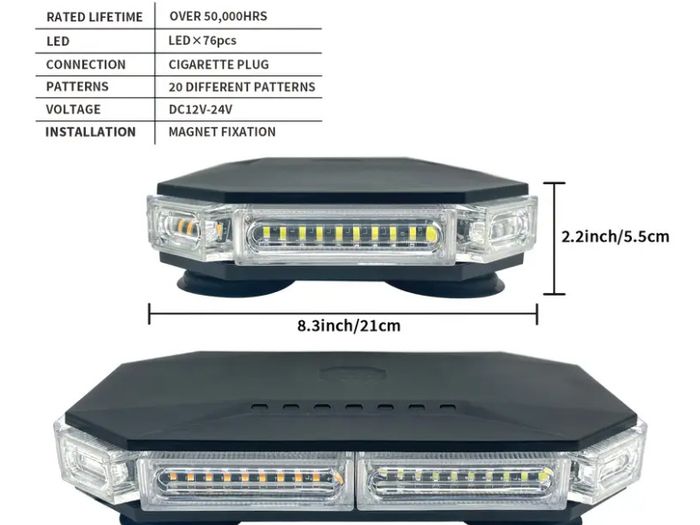 EINERCAR 76 LED Light Bar - Octagonal, High Brightness, Magnetic Mount, 12-24V Beacon