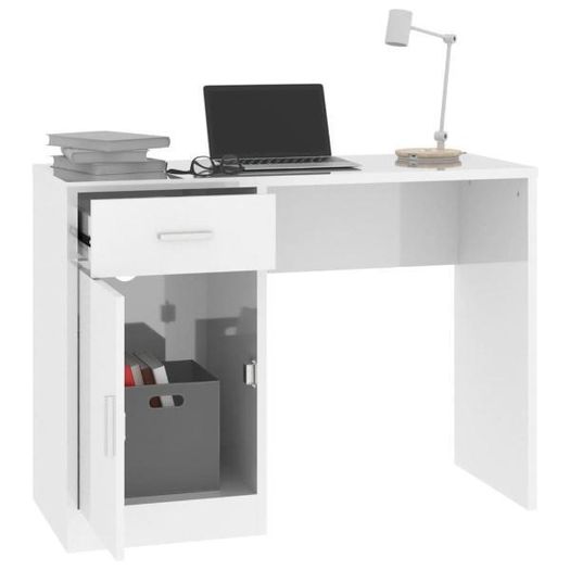 Desk with Drawer & Cabinet High Gloss White