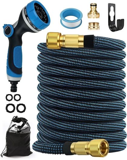 100FT Expandable Garden Hose Pipe with 10 Function Nozzle - Upgraded 3-Layer Latex No-Kink Flexible Water Hose with 1/2" 3/4" Connectors, Expanding Water Hose for Gardening, Washing & Cleaning