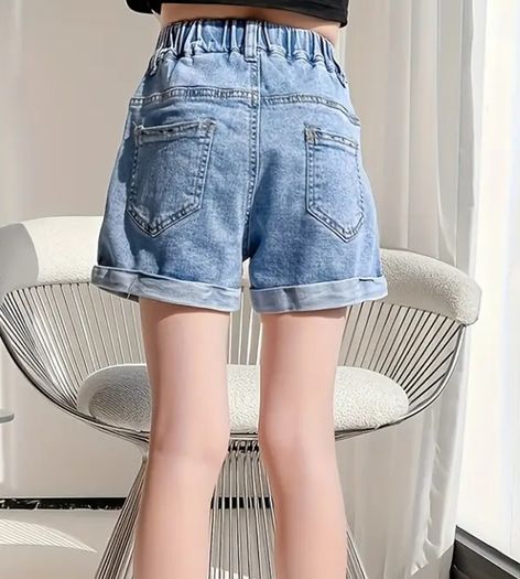Rolled Edge Casual Girl's Jean Shorts Everyday Casual Loose Denim Shorts