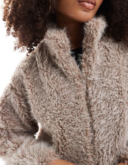 YAS fluffy short teddy jacket in beige