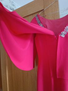 Boutique Spanish designer Sonia Pena coral pink cape drapes kimono sleeves dress beaded diamante neck S 10 occasion party wedding